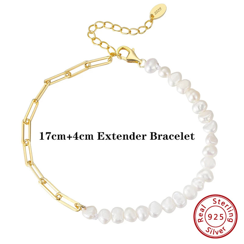 925 Silver Paperclip Chain Bracelet with Pearl 14K GPB01