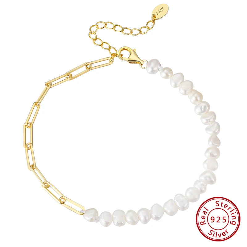 925 Silver Vintage Paper Clip Chain Bracelet with Pearl GPB01