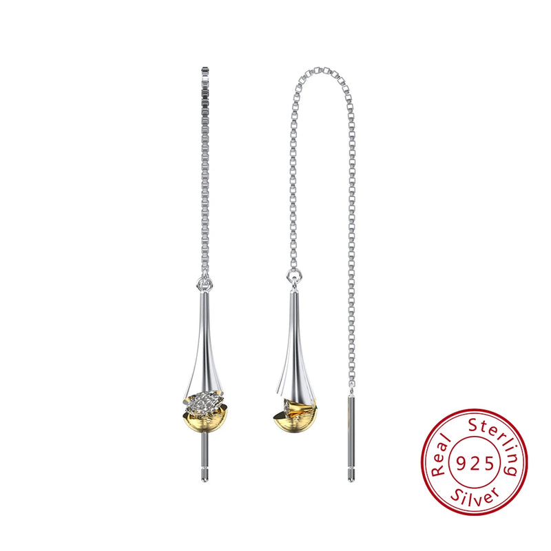 925 Silver Long Chain Earrings With Dropwater 14K Drop Earrings EQE76