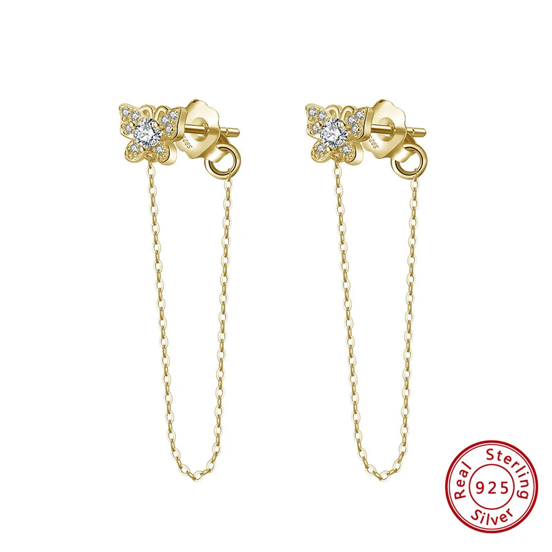 925 Silver Women's Dangle Long Chains Earrings with Butterfly Stud Drop Earings