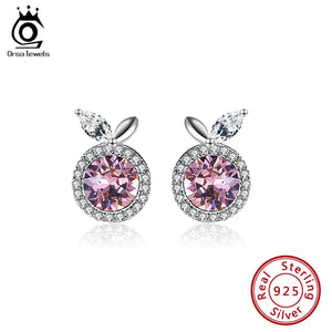 Big Pink Crystal Stud Earrings Silver 925 Jewelry SWE09