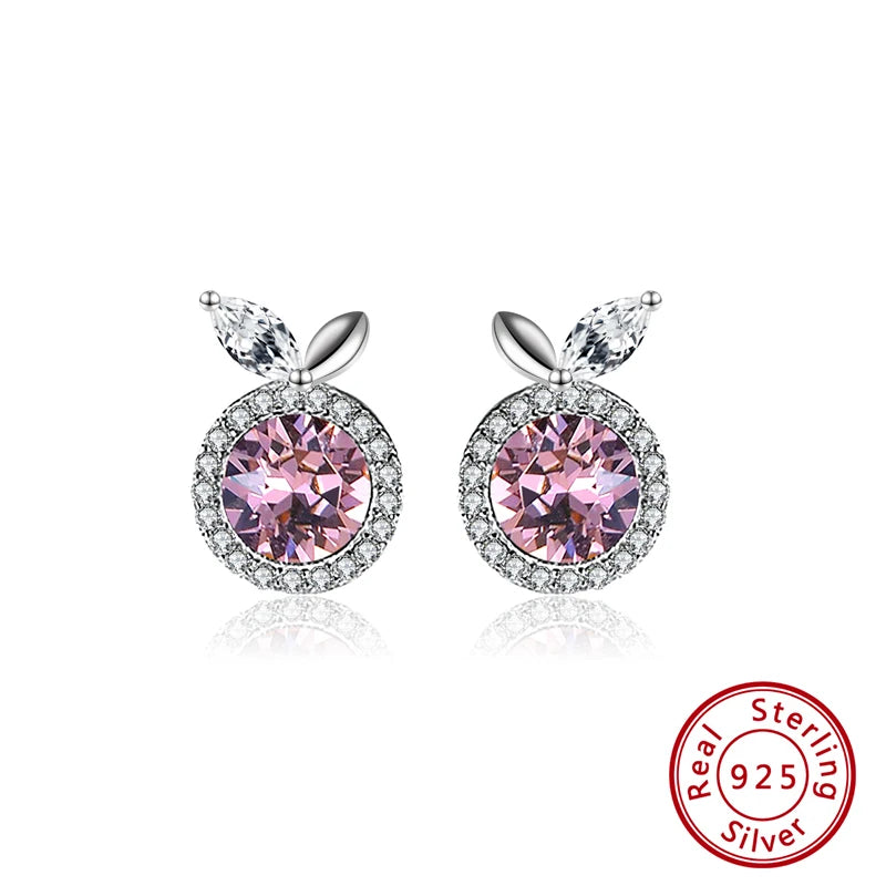 Big Pink Crystal Stud Earrings Silver 925 Jewelry SWE09