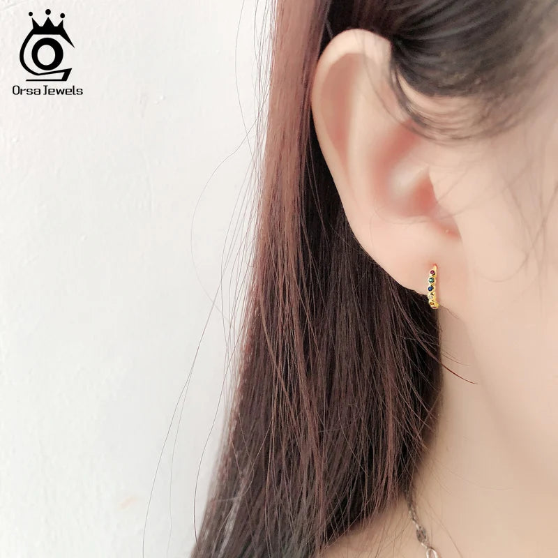 Colorful Zirconia Hoop Earrings 925 Sterling Silver Small Hoops for Girls