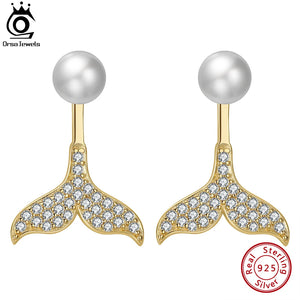14K Natural Pearl Earrings Sterling Silver CZ Mermaid Tail Jewelry