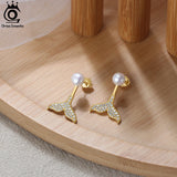 14K Natural Pearl Earrings Sterling Silver CZ Mermaid Tail Jewelry