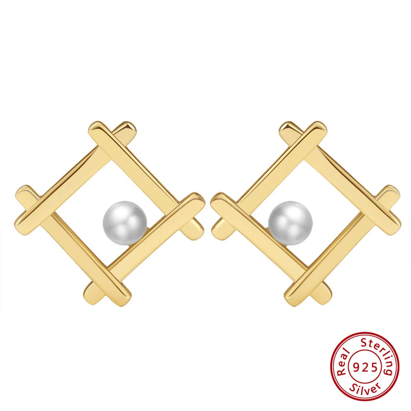 14K Geometry Pearl Earrings S925 Silver Jewelry