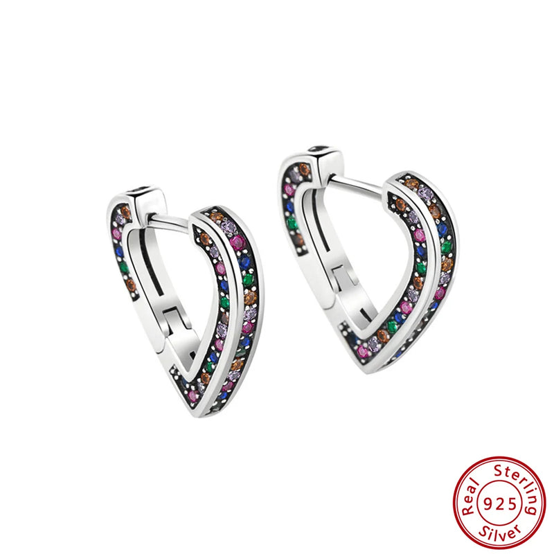 925 Silver Rainbow CZ Heart Hoop Earrings Party Jewelry