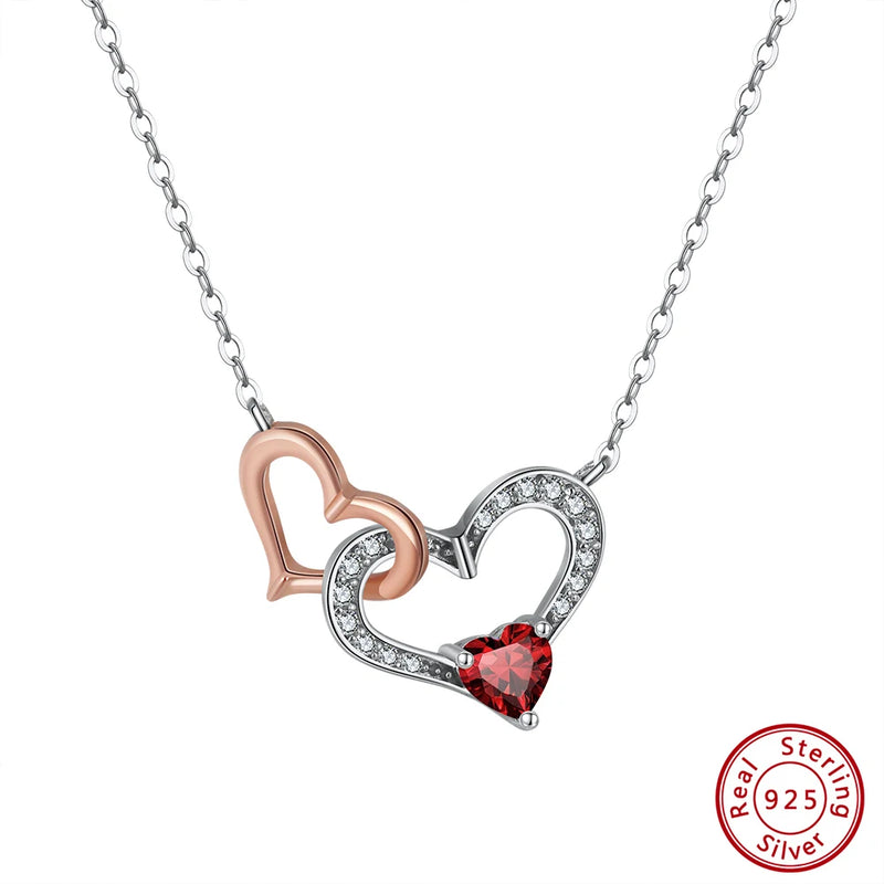 925 Silver Gemstone Double Hearts Pendant Necklace for Women