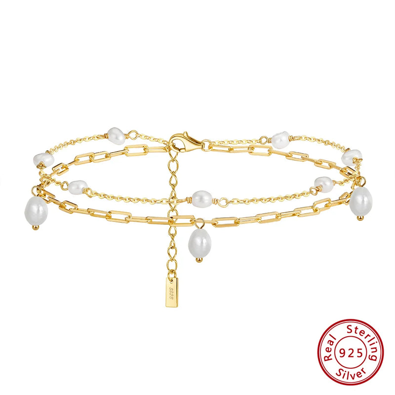 925 Silver Pearl Anklets for Women Girls Summer Beach Foot Chain Ankle Straps