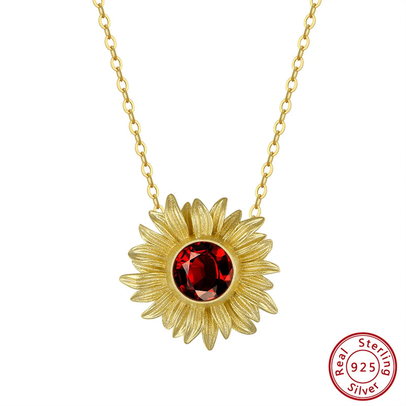 Garnet 925 Silver Sunflower Pendant Necklace - Gemstone Jewelry
