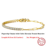 925 Silver CZ Tennis Bracelet 14K Paperclip Chain Women Jewelry