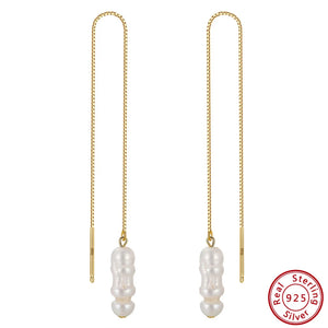 925 Silver Pearl Long Toothpick Irregular Baroque Dangle Earrings