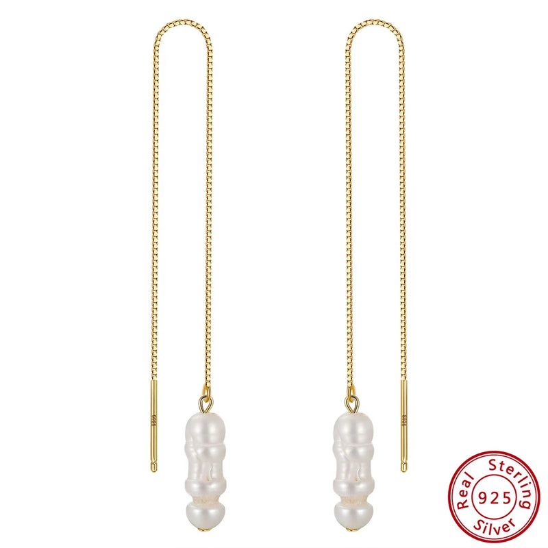 925 Silver Pearl Long Toothpick Irregular Baroque Dangle Earrings