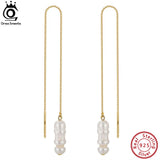 925 Silver Pearl Long Toothpick Irregular Baroque Dangle Earrings