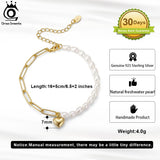 925 Silver Paperclip Link Pearl Chain Bracelet with Heart Pendant