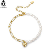 925 Silver Paperclip Link Pearl Chain Bracelet with Heart Pendant