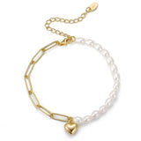 925 Silver Paperclip Link Pearl Chain Bracelet with Heart Pendant