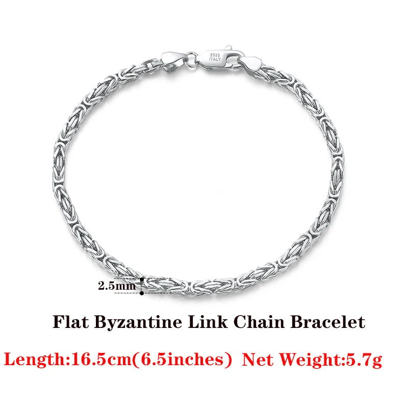 Italian 2.5mm Flat Byzantine Link Chain Bracelet 18K Over 925 Sterling Silver
