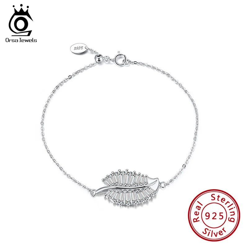 925 Silver Women Bracelet Leaf Shape Zircon Wrist Chain Charm Jewelry