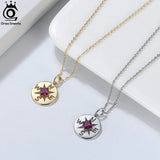 925 Silver Necklace with Round Compass Pendant & Garnet Red Gemstone