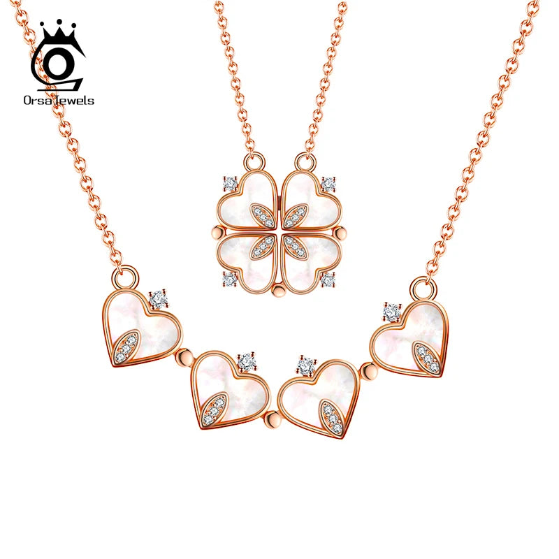 925 Silver Four Clover Pendant Rose Necklace Choker Jewelry