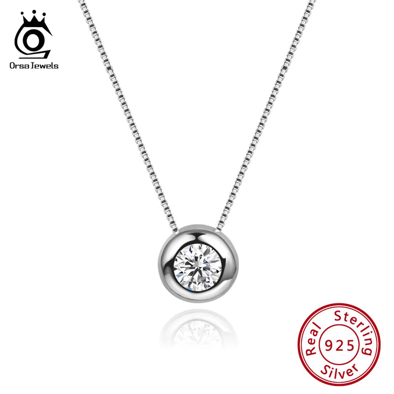 Real 925 Silver Zircon Pendant Necklace Round Box Chain Jewelry OSN136