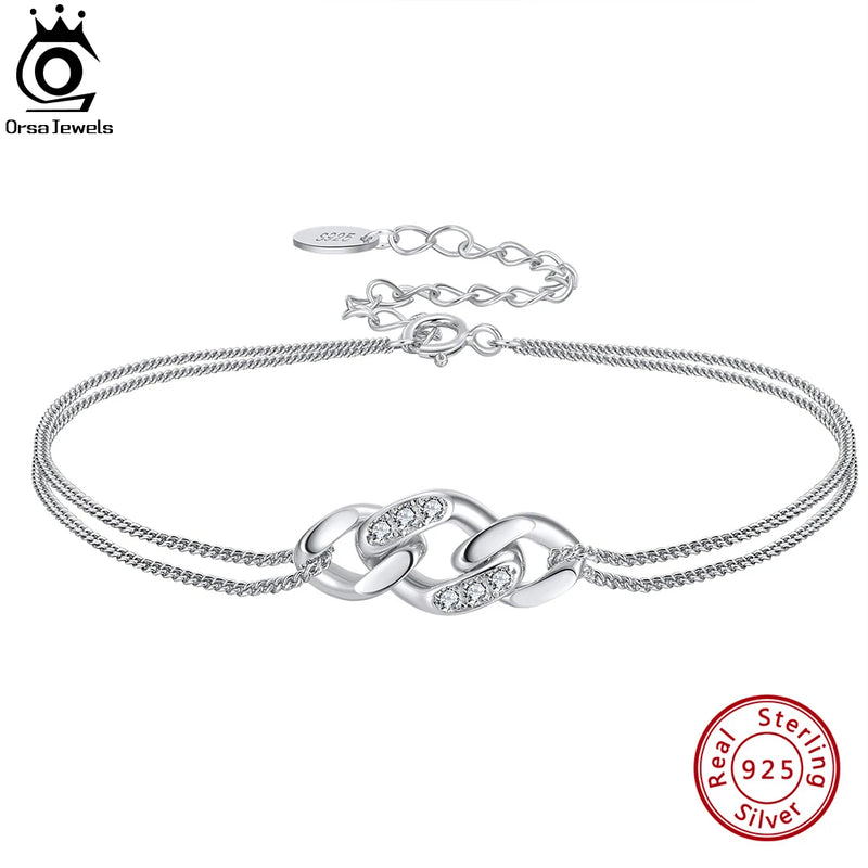 925 Silver Cuban Chain Bracelet with Zirconia for Women