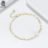 925 Silver Paperclip Chunky Link Chain Bracelet with Baroque Pearl