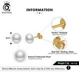 925 Silver Stud Earrings Fresh Water Pearl 8 MM Gold-color Female Jewelry