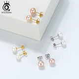 925 Silver Stud Earrings Fresh Water Pearl 8 MM Gold-color Female Jewelry