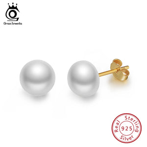 925 Silver Stud Earrings Fresh Water Pearl 8 MM Gold-color Female Jewelry