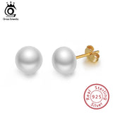 925 Silver Stud Earrings Fresh Water Pearl 8 MM Gold-color Female Jewelry