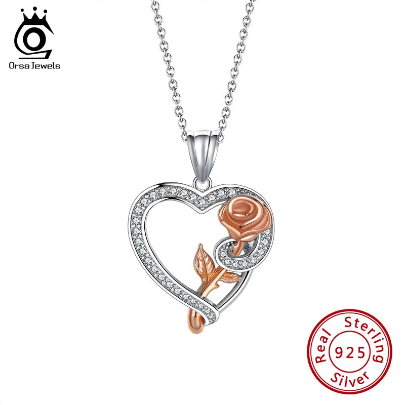 Heart and Rose Pendant Chain Necklace Silver 925 Fine Jewelry