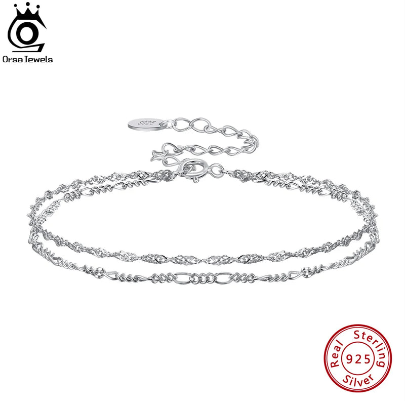 925 Silver Double-Layered Diamond-Cut Chain Bracelet for Women Girls