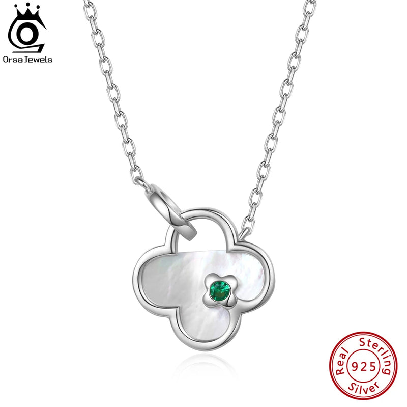 925 Silver Clover Pendant Necklace Shell Zirconia Chain Women Girls Jewelry