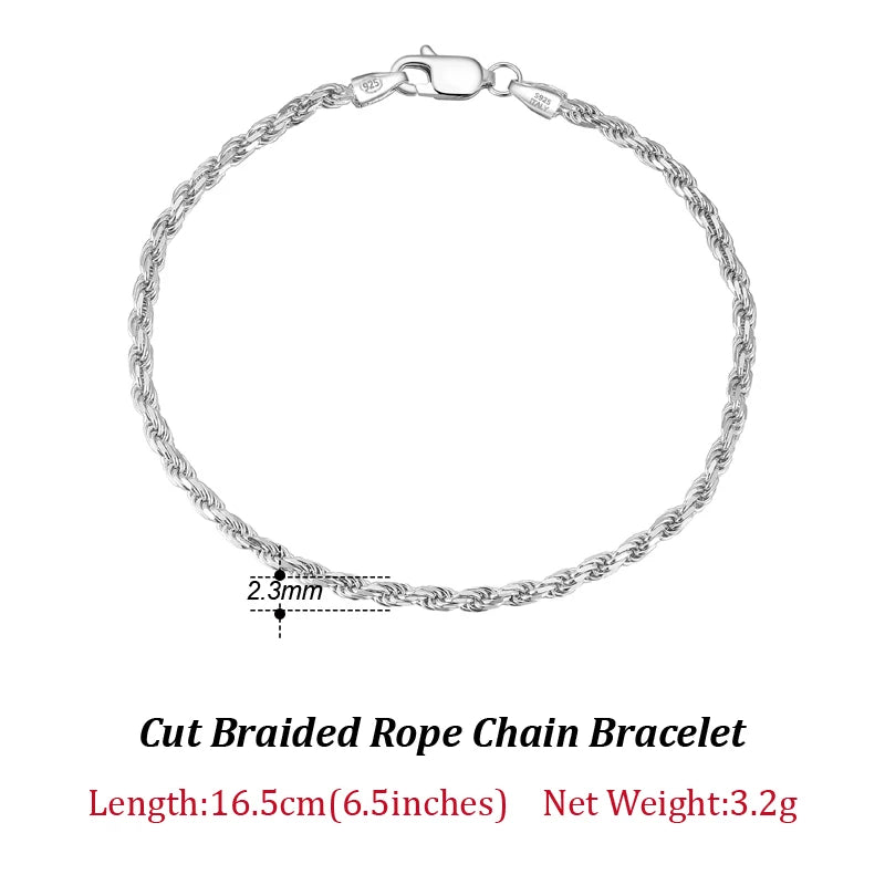 Sterling Silver Italian Diamond Cut Rope Chain Bracelet for Men and Women