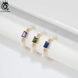 Freshwater Pearl 925 Silver Chain Ring with CZ Charm