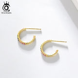 Rainbow CZ Round Hoop Earrings Geometric 925 Silver Unusual Jewelry