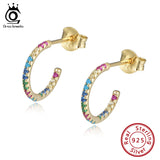 Rainbow CZ Round Hoop Earrings Geometric 925 Silver Unusual Jewelry