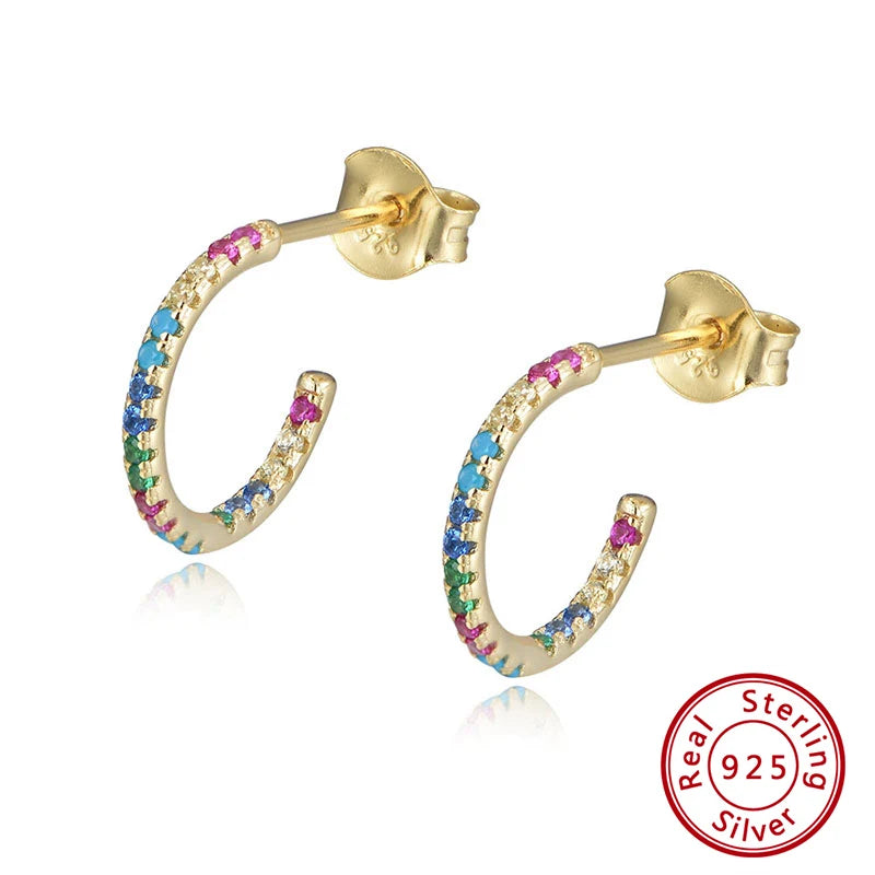 Rainbow CZ Round Hoop Earrings Geometric 925 Silver Unusual Jewelry