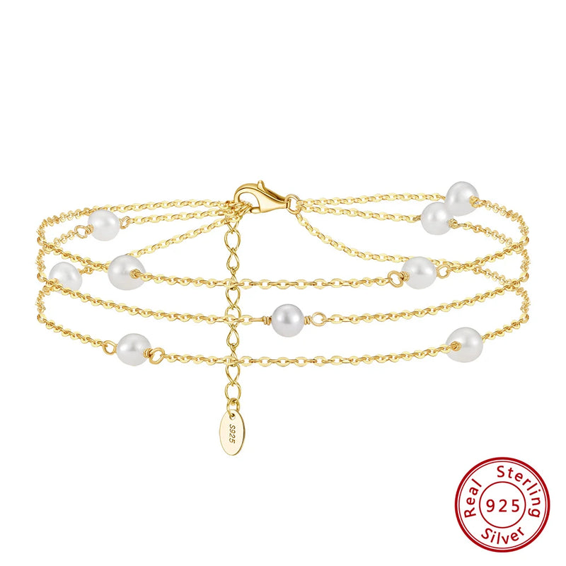 Triple Layered Natural Pearls Anklet for Women 925 Sterling Silver