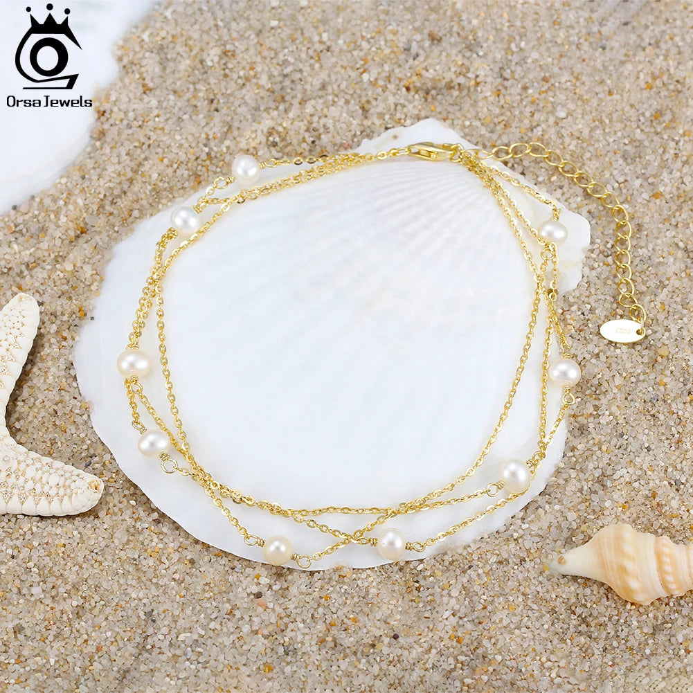 Triple Layered Natural Pearls Anklet for Women 925 Sterling Silver