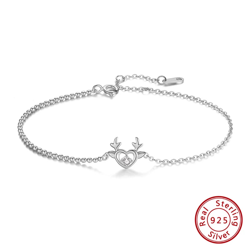 Christmas Reindeer Bracelet 925 Sterling Silver CZ Chain for Women