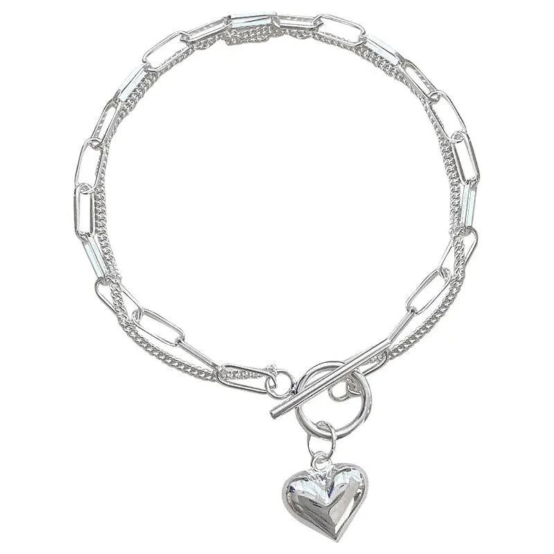925 Sterling Silver Double Chain Heart Bracelet