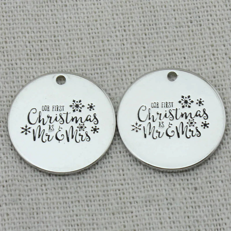 First Christmas Mr & Mrs Pendant Necklace, Engraved Charm, Gift Girlfriend