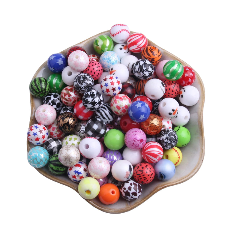 12mm 100pcs Mix Colorful Style Acrylic Print Beads for Kids Chunky Necklace