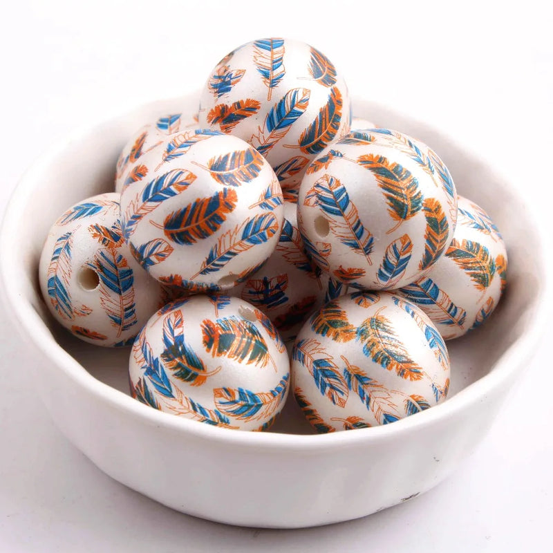 20mm 100pcs Acrylic Matte Pearl Print Feather Beads for Girls Necklace Jewelry
