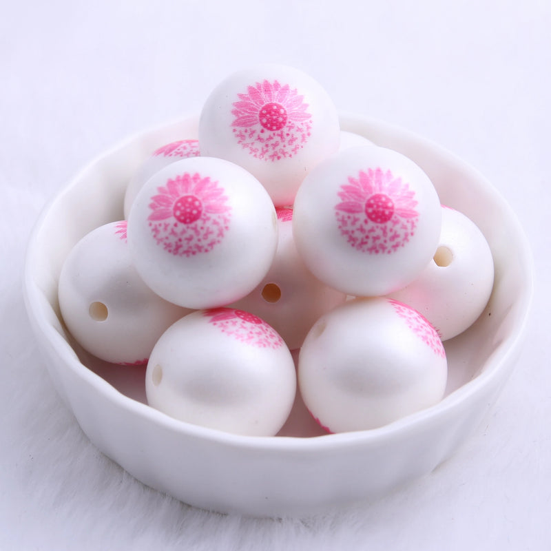 20mm 100pcs Pink Sunflower Print Matte Pearl Beads Chunky Necklace