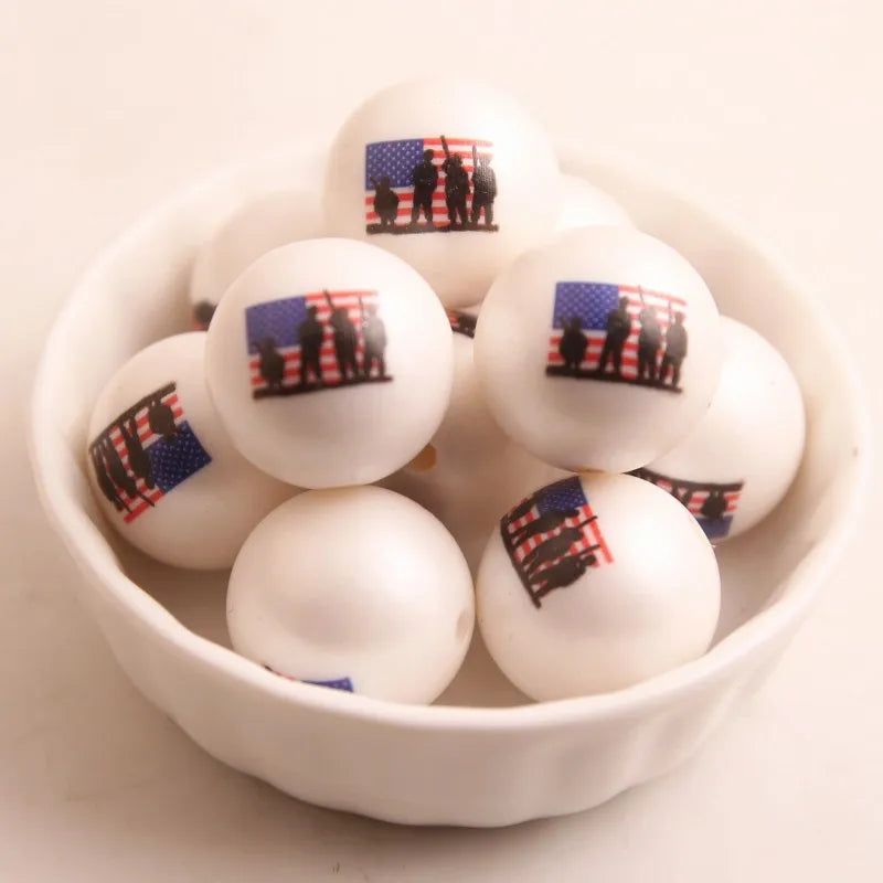 20mm 100pcs Matte Pearl Print America Flag Beads for Kids Necklace