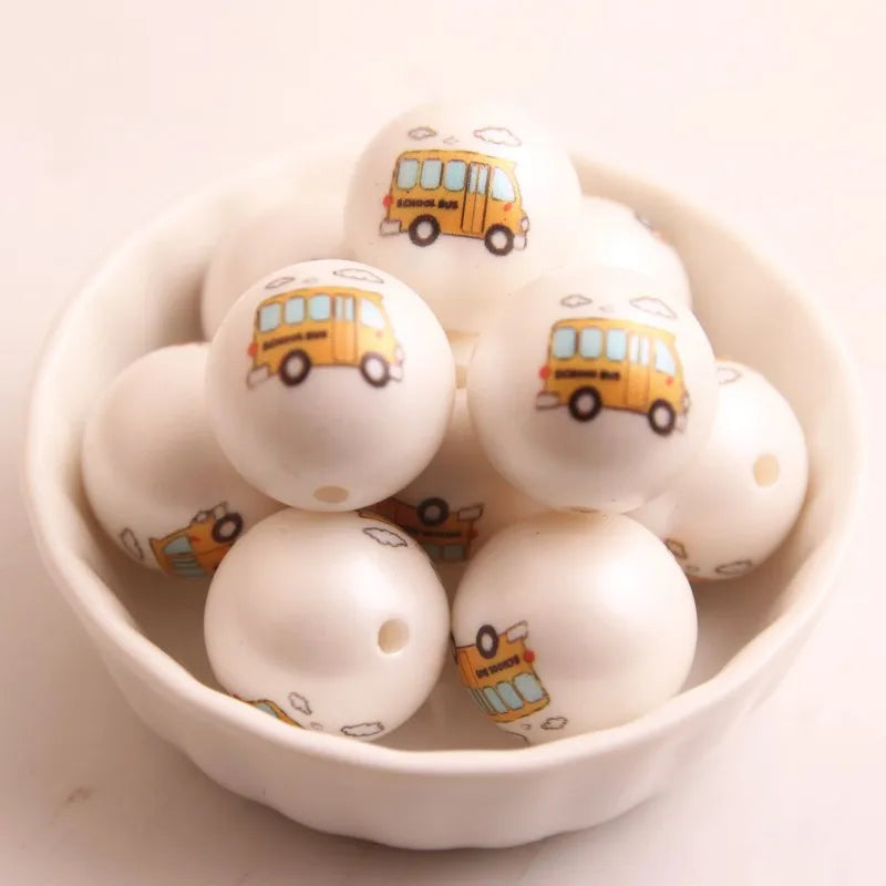 100pcs Acrylic Matte Pearl Print School Bus Beads for Kids